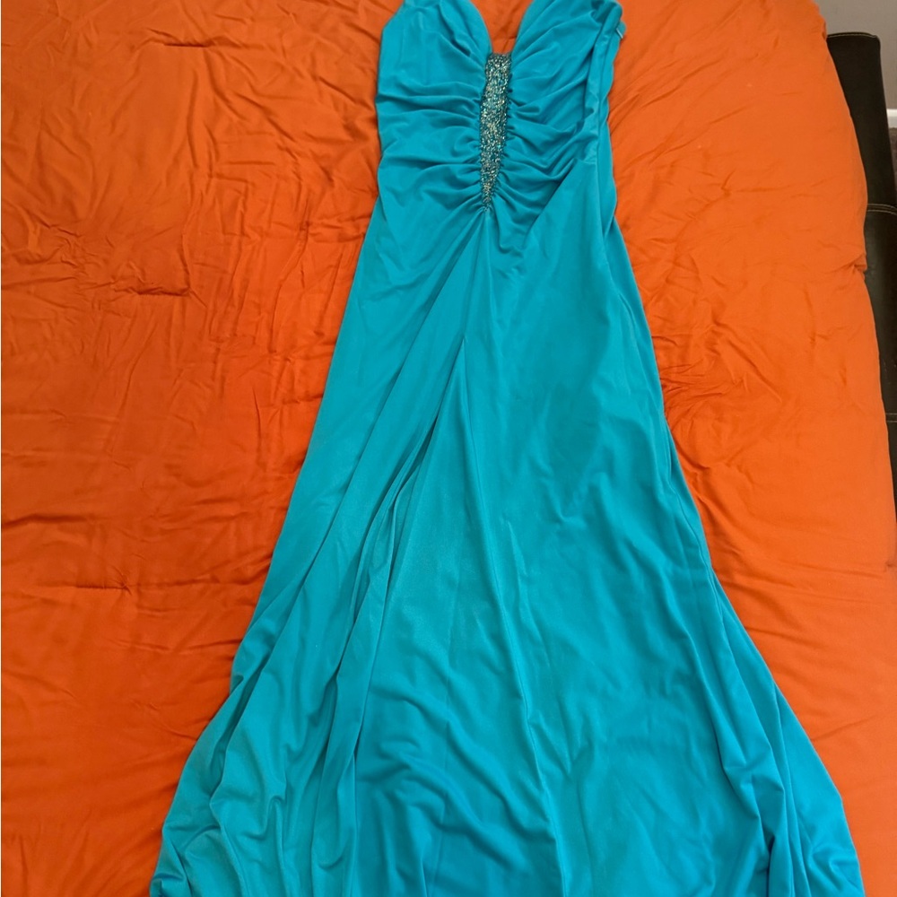 May Queen Teal Strapless Evening Gown with Beaded Center